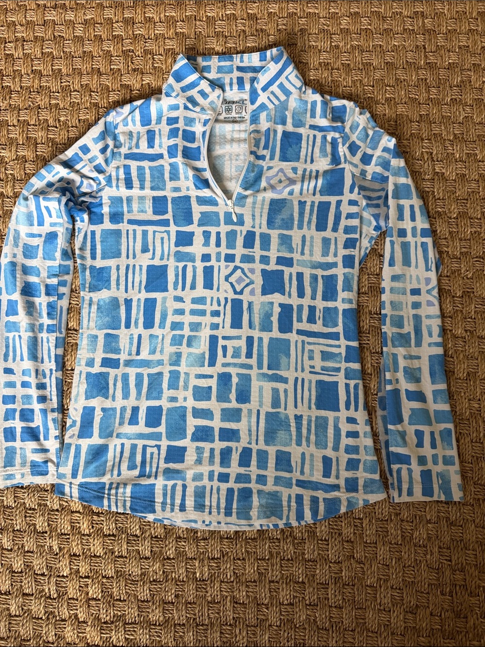 IBKUL Blue & White Long-Sleeve Patterned 1/4 Zip Sun Protection Cool Shirt sz XS